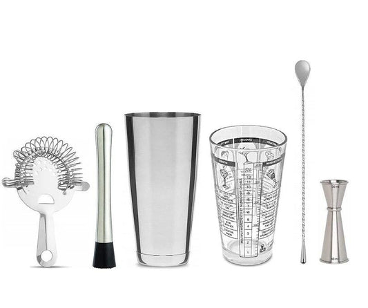 Treasure Exports Bar Essentials Set with Boston Shaker, Stirrer Spoon, Japanese Jigger Peg Measure 30-60 ml, Muddler & Cocktail Strainer: 6 Pcs - TREASURE EXPORTS