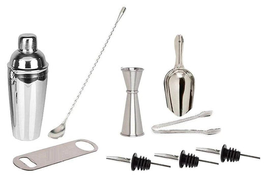 Treasure Exports Stainless Steel bar Set Cocktail Shaker 550 ml Bottle Opener ice Scoop Pourer Bar Spoon Teardrop Spoon Peg Measure Ice Tong Pack of 9 - TREASURE EXPORTS