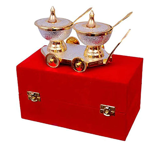 Treasure exports Silver & Gold Plated Brass Bowl Set on Trolley Velvet Box Best Deepawali Gift