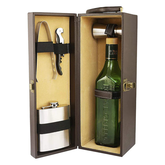 Treasure Exports Travel Bar Set |Portable Leatherette Bar Set | Wine Case |Whisky Case | Wooden Bar Set for Picnic |Portable Bar Accessories Set (Brown)