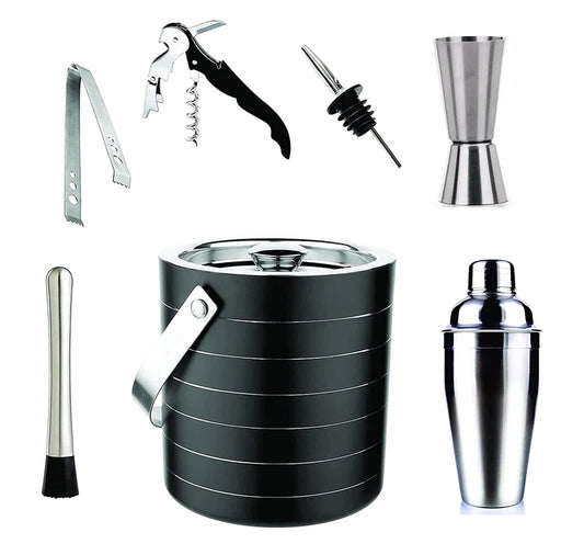 Treasure Exports Barware 7 Pieces Bar Set of Double Wall Ice Bucket, Ice Tong, Measuring Jig, Whiskey Pourer, Cocktail Shaker, Muddler Stick, Wine Opener, Stainless Steel