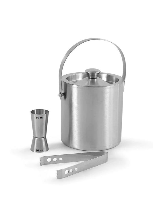 Treasure Exports Stainless Steel Silver Bar Set | Bar Tools | Bar Accessories Set of 3 Pieces | Ice Bucket | Ice Tong | Peg Measure - Ideal for Party