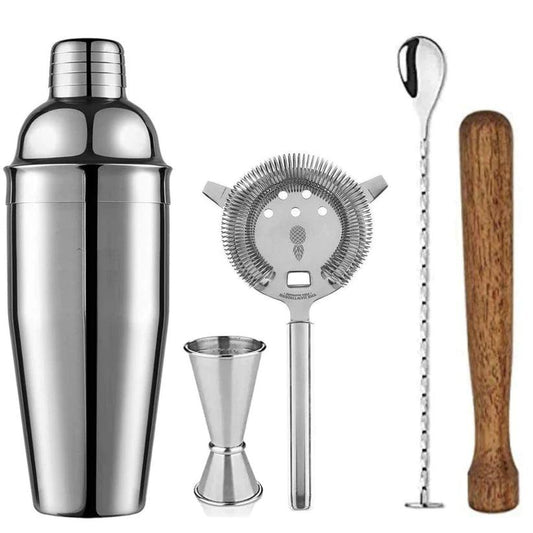 Treasure Exports Cocktail 5 pcs Set Cocktail Shaker, peg Measure, Strainer, Cocktail Spoon, Muddler - TREASURE EXPORTS