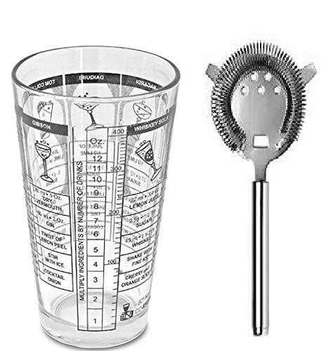 Treasure Exports Cocktail Mixing Glass with Recipes Mixing,Printed Recipes Mixing Cocktail Shaker Glass with Cocktail Strainer - TREASURE EXPORTS