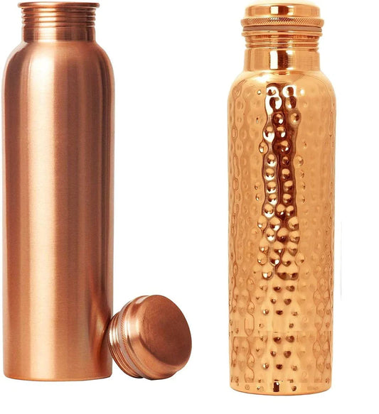 Treasure Exports Pure Copper Water Bottle and Hammered Copper Water Bottle 1000 ML (Set of 2)