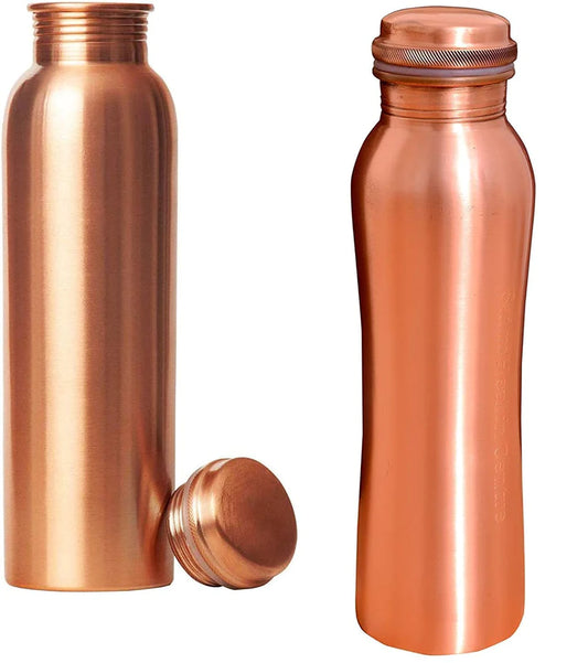 Treasure Exports Pure Copper Water Bottle and Curve Design Copper Water Bottle 1 Litre (Set of 2)