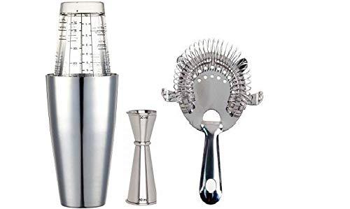 Treasure Exports Professional Stainless Steel Bar Boston Shaker Set,4 Prong Shaker, Mixing Glass, Japanese Jigger and Cocktail Strainer): 4 Piece Set - TREASURE EXPORTS