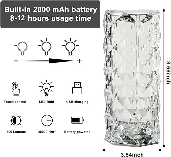 Treasure Exports Crystal Diamond Table Lamp Dimmable Touch And Remote Control Romantic 16 Color Diamond Table Lamps Usb Rechargeable Led Night Stand Lamp (Multicolor) (Crystal Rose Lamp) - TREASURE EXPORTS