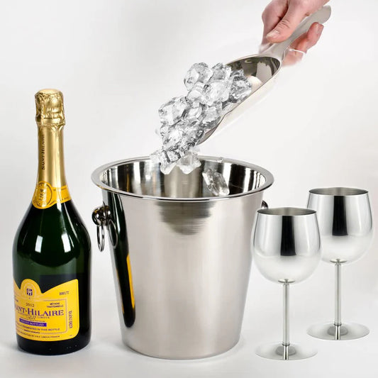 Treasure exports Stainless Steel Champagne Bucket, Ice Picker and Goblet Glass Bar Set, 4 Piece, Silver