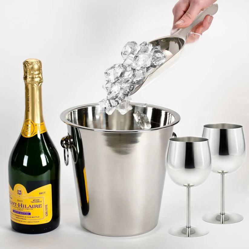 Treasure exports Stainless Steel Champagne Bucket, Ice Picker and Goblet Glass Bar Set, 4 Piece, Silver - TREASURE EXPORTS