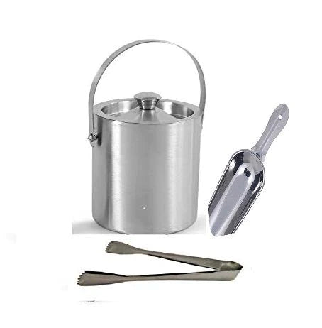Treasure Exports Stainless Steel Ice Bucket with Ice Tong and ice Scoop Bar Accessories (1.5 LTR) Set of 3