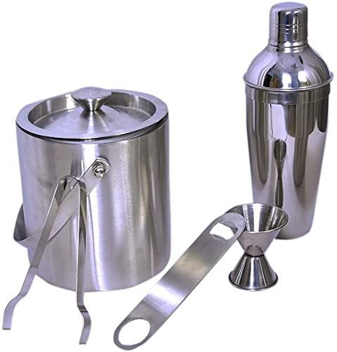 Treasure Exports 5 Piece Bar Set (Large) - Cocktail Shaker, Ice Tong, Ice Bucket, Peg Measure and Bottle Opener