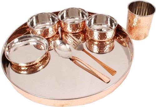 Treasure Exports Steel Copper Hammered Dinner Set, Thali Set 7 Pieces, Dinnerware, Diameter 13" Inch (Brown)