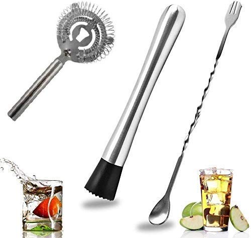 Treasure Exports Stainless Steel Cocktail Muddler Set, Spiral Fork Mixing Spoon & Cocktail Bar Strainer, Home Bar Bartender's Muddling Tool Set: 3 Pcs Set