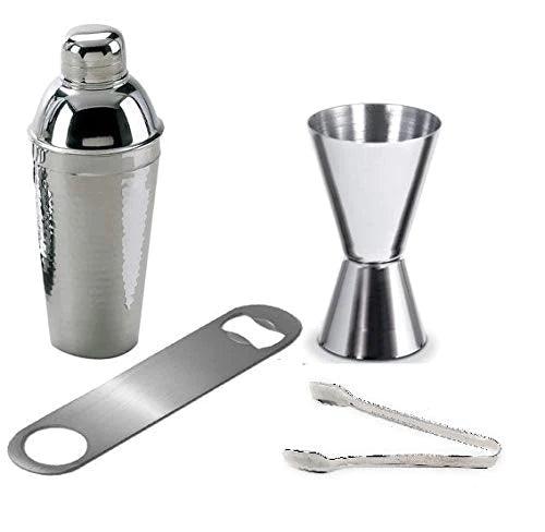 Treasure Exports Stainless Steel Bar Set Combo - Cocktail Shaker,Peg Measure + Opener + Ice Tongs: 4 Pcs Set - TREASURE EXPORTS