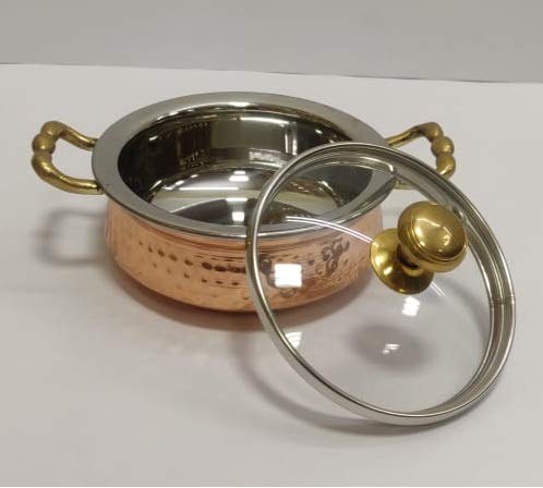 Treasure Exports Steel Copper Handi Bowl with Glass Lid for Serving Dishes Tableware 850 ml