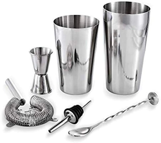 Treasure Exports Stainless Steel Cocktail, Martini, Drink, Boston Shaker Double Measuring Jigger, Mixing Spoon Bartender Kit - Set 6 Piece