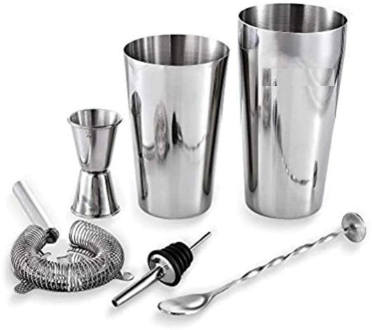 Treasure Exports Stainless Steel Cocktail, Martini, Drink, Boston Shaker Double Measuring Jigger, Mixing Spoon Bartender Kit - Set 6 Piece - TREASURE EXPORTS