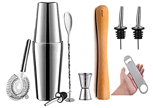 Treasure Exports Boston Cocktail Shaker Set Bartenders Tools Pourer Bottle Opener Stirrer Peg Measure Wooden Muddler Strainers (9 pcs) - TREASURE EXPORTS
