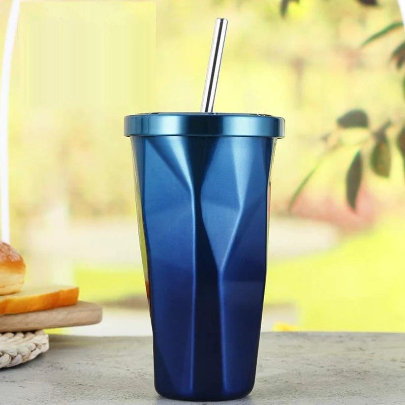 Treasure Exports Double Wall Vacuum Insulated Travel Stainless Steel Flask Tumbler with Steel Straw and Lid 550 ML (Navy Blue) - TREASURE EXPORTS