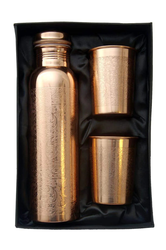 Treasure Exports Engraving Design Copper Bottle Set with 2 Glasses