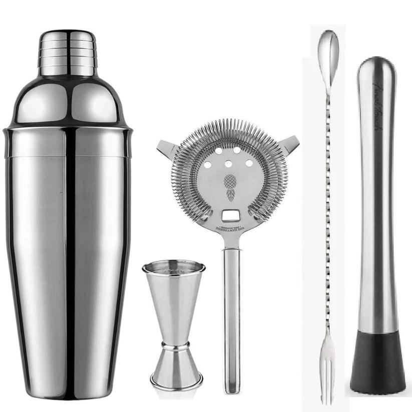 Treasure Exports Cocktail 5 pcs Set Cocktail Shaker, peg Measure, Strainer, Fork Spoon,Steel Muddler - TREASURE EXPORTS