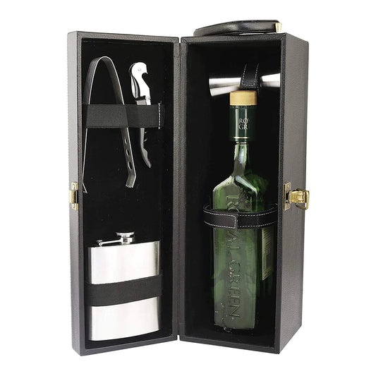 Treasure Exports Travel Bar Set |Portable Leatherette Bar Set |Wine Case |Whisky Case | Wooden Bar Set for Picnic | Portable Bar Accessories Set (Black)