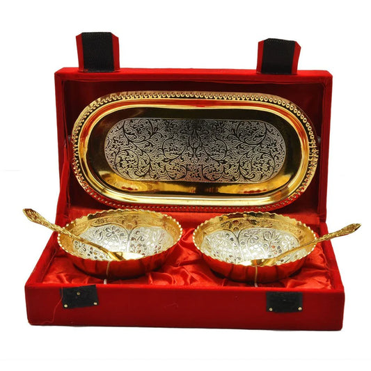 Treasure Exports Gold an Silver Plated Brass Bowl Flower Design Set of 5 Pcs with Box Packing