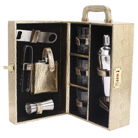 Treasure Exports 3 Glasses Bar Set | Travel Bartender Kit | Portable Leatherette Bar Set for Car, Home,Bar Tools Set (Golden)