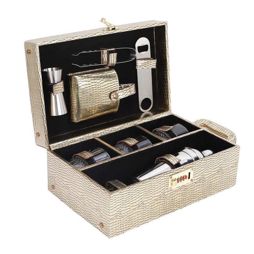 Treasure Exports 3 Glasses Bar Set | Travel Bartender Kit | Portable Leatherette Bar Set for Car, Home,Bar Tools Set (Golden) - TREASURE EXPORTS
