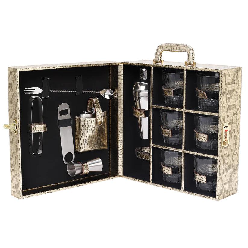 Treasure Exports Premium Bar Set ,Portable Leatherette Bar Set, Travel Bar Set for car | 6 Whiskey Glasses (Golden) - TREASURE EXPORTS