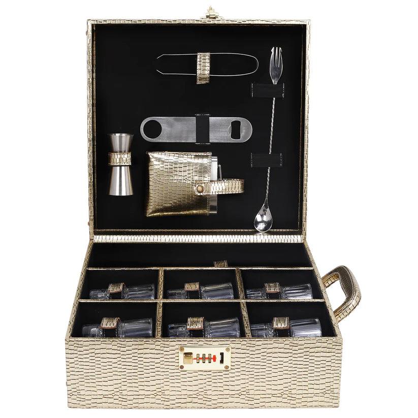 Treasure Exports Premium Bar Set ,Portable Leatherette Bar Set, Travel Bar Set for car | 6 Whiskey Glasses (Golden) - TREASURE EXPORTS