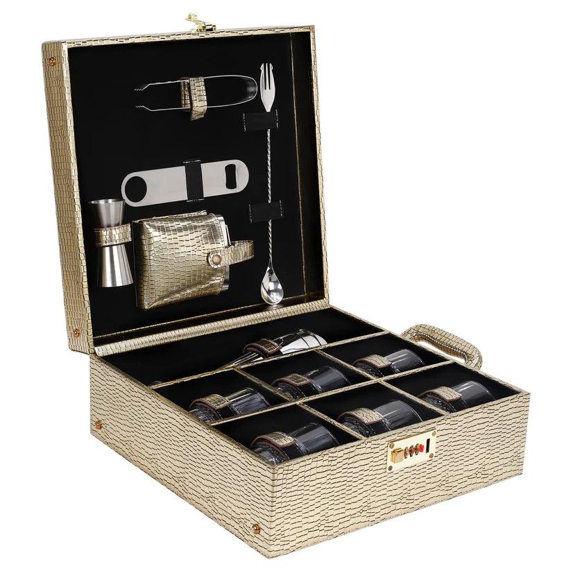 Treasure Exports Premium Bar Set ,Portable Leatherette Bar Set, Travel Bar Set for car | 6 Whiskey Glasses (Golden) - TREASURE EXPORTS