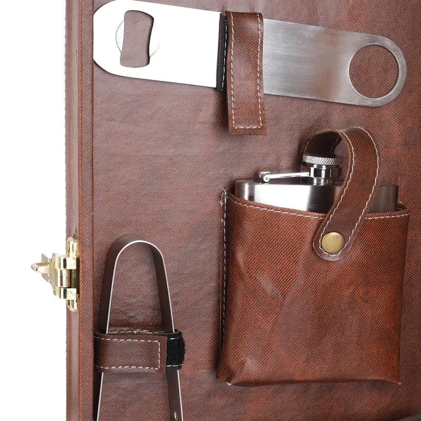 Treasure Exports 3 Glasses Bar Set | Travel Bartender Kit | Portable Leatherette Bar Set for Car, Home,Bar Tools Set (Brown) - TREASURE EXPORTS