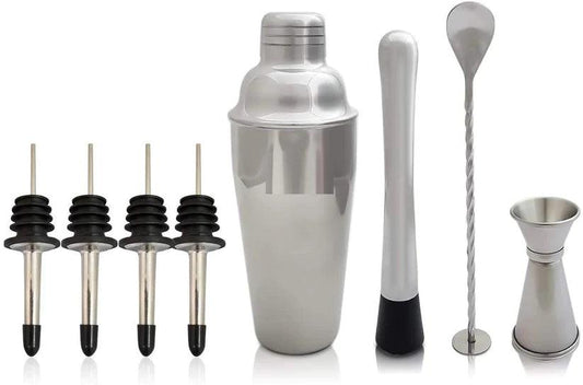 Treasure Exports Premium Cocktail Shaker with Stainless Steel Cobbler Shaker Mixing Spoon Muddler, 4 Pourers and Measuring Jigger Mixer: 8 Pcs - TREASURE EXPORTS