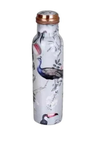 Treasure Exports Meena peacock Printed Copper Water Bottle 1000 ML White - TREASURE EXPORTS