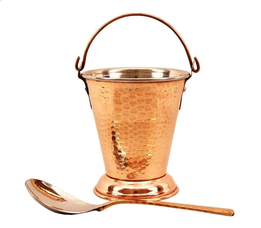 Treasure Exports Steel Copper Bucket Balti with 1 Steel Serving Spoon Indian Dishes Home Restaurant Hotel (400 ml)