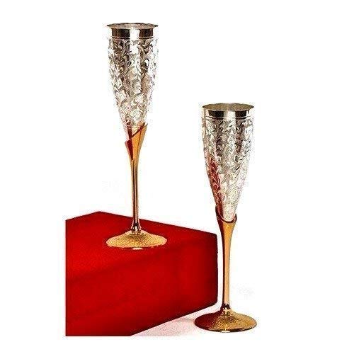 Treasure Exports Silver Plated Goblet Flute Wine Glass for Parties - Set of 2 (Silver and Gold 100 ML)