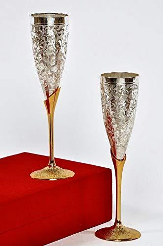 Treasure Exports Silver Plated Goblet Flute Wine Glass for Parties - Set of 2 (Silver and Gold 100 ML) - TREASURE EXPORTS
