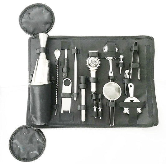 Treasure Exports Roll Up Mixologist Bar Tool Set with 16 Tools (Black Bag)