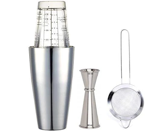 Treasure Exports Professional Stainless Steel Bar Boston Shaker Set, Cocktail Shaker, Mixing Glass, Japanese Jigger and Sifter): 4 Piece Set
