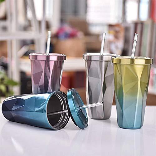 Treasure Exports Double Wall 550 ML Vacuum Insulated Travel Stainless Steel Flask Tumbler with Steel Straw and Lid Hot and Cold Thermos Sipper (Blue) - TREASURE EXPORTS