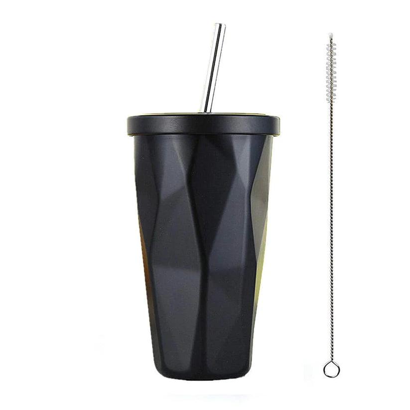 Treasure Exports Double Wall 550 ML Vacuum Insulated Travel Stainless Steel Flask Tumbler with Steel Straw and Lid Hot and Cold Thermos Sipper (Black) - TREASURE EXPORTS