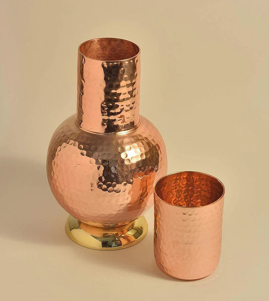 Treasure Exports Hammered Surai Design Bedroom Water Copper Bottle with Inbuilt Glass 1200 ml Set of 4 (Brown)