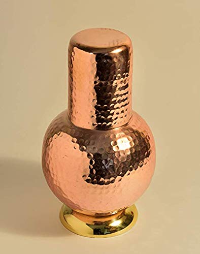 Treasure Exports Hammered Surai Design Bedroom Water Copper Bottle with Inbuilt Glass 1200 ml Set of 1 (Brown)
