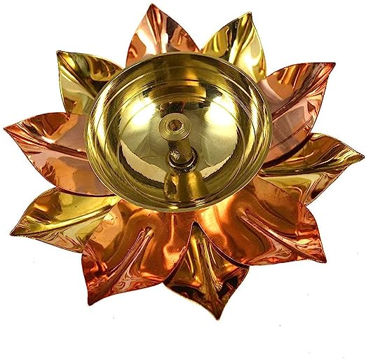 Treasure exports Brass & Copper Akhand Jyot Diya with Decorative Oil Diya Lotus Shape for Diwali, Puja and Festival Decoration Brass Diya Lamp Lotus Shape -Decorative Akhand Deepak for Pooja