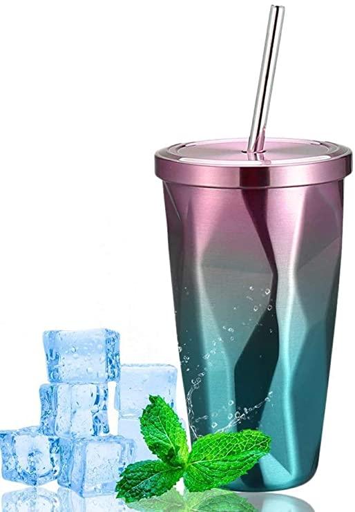 Treasure Exports Double Wall 550 ML Vacuum Insulated Travel Stainless Steel Flask Tumbler with Steel Straw and Lid Hot and Cold Thermos Sipper (Blue) - TREASURE EXPORTS