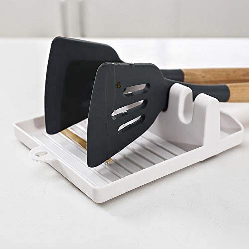 Treasure Spatula/Tongs/Spoon Rest with Drip Pad & Pot Stand, Multifunction Kitchen Spatula Rack with Lid Holder (Grey)