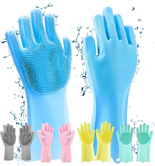 Treasure Silcion Gloves for Dishwashing, Washing Utensils Silicone Dishwashing, Car Cleaning Gloves, Bathroom and Kitchen washing Glove with Scrubber - Assorted color (Pack of 1)