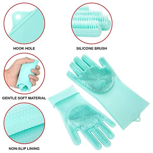 Treasure Silcion Gloves for Dishwashing, Washing Utensils Silicone Dishwashing, Car Cleaning Gloves, Bathroom and Kitchen washing Glove with Scrubber - Assorted color (Pack of 1) - TREASURE EXPORTS